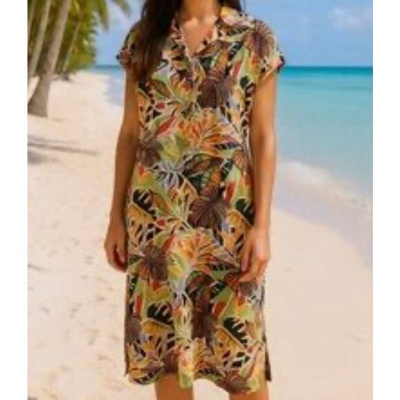 C&C linen tropical collared midi dress M - Picture 1 of 10